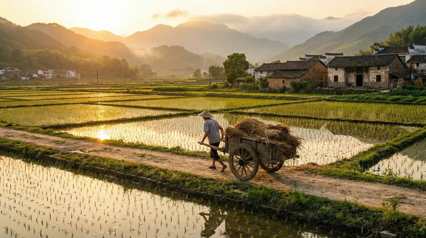 露娜出装 - 金色夕阳下的乡村田野，老农推着木车行走在田埂上